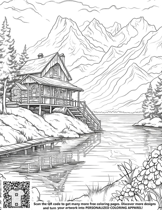 FREE Mountain Cabin by Lake Coloring Page - Printable Download