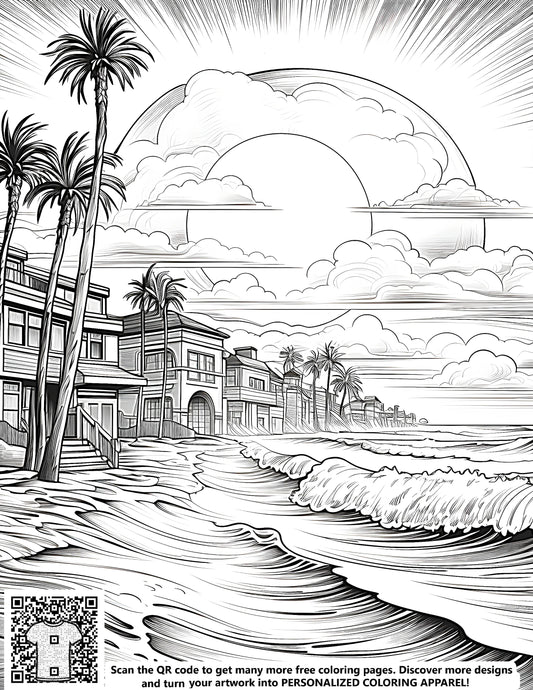 FREE Beachfront Houses Coloring Page - Printable Ocean Waves & Sunset Download