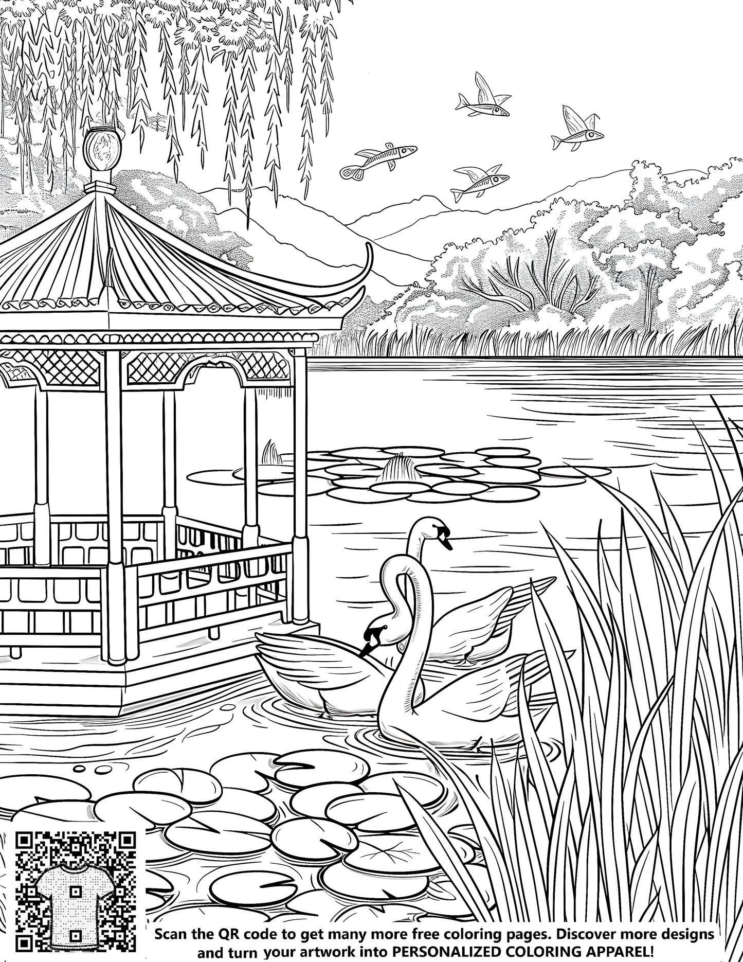 Beautiful serene nature scene coloring page with swans in lake near gazebo surrounded by lily pads and trees