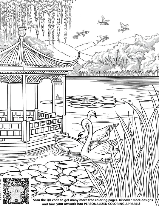 Beautiful serene nature scene coloring page with swans in lake near gazebo surrounded by lily pads and trees