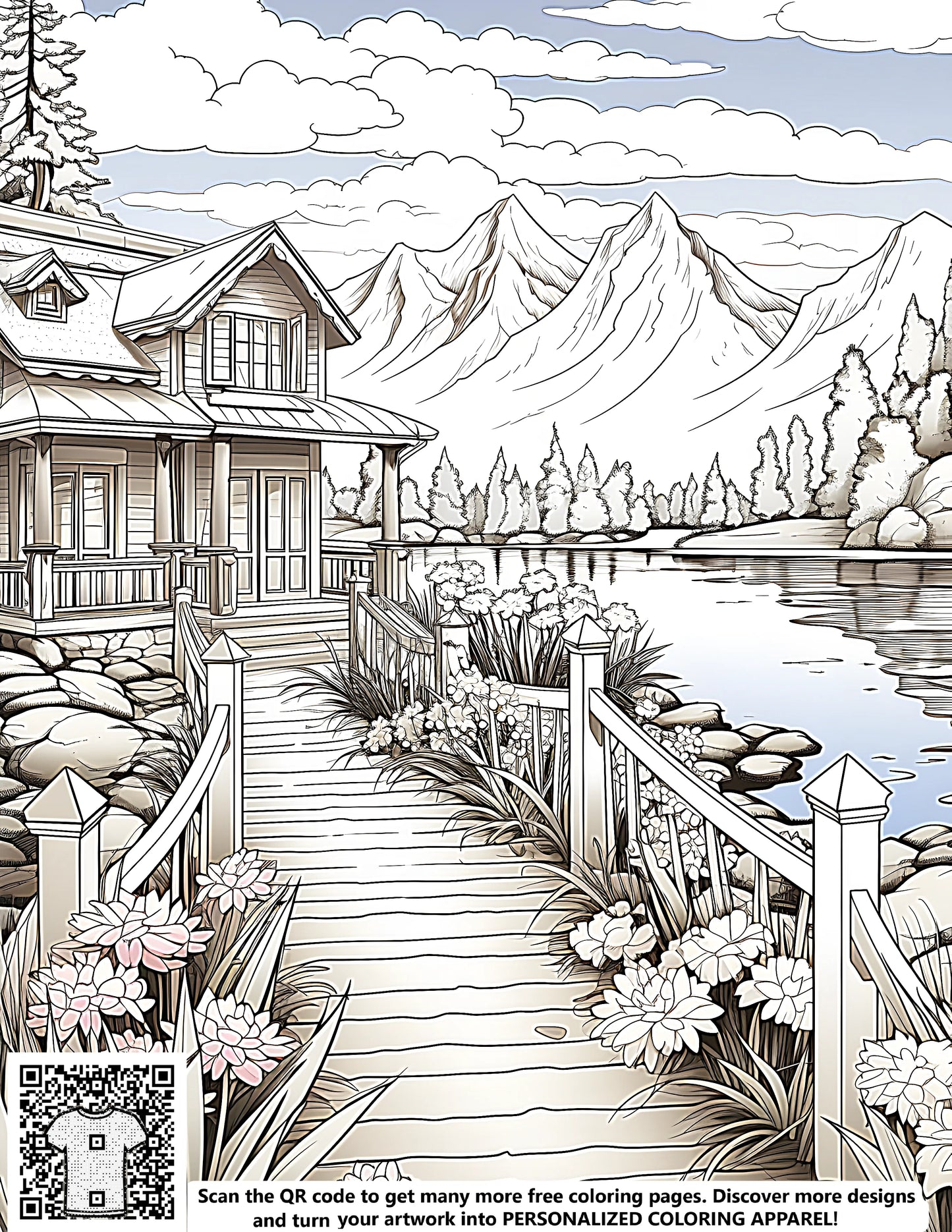 Mountain landscape coloring page, serene lakeside retreat scene, detailed cabin design, beautiful flowering plants