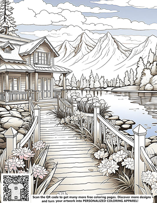 Mountain landscape coloring page, serene lakeside retreat scene, detailed cabin design, beautiful flowering plants