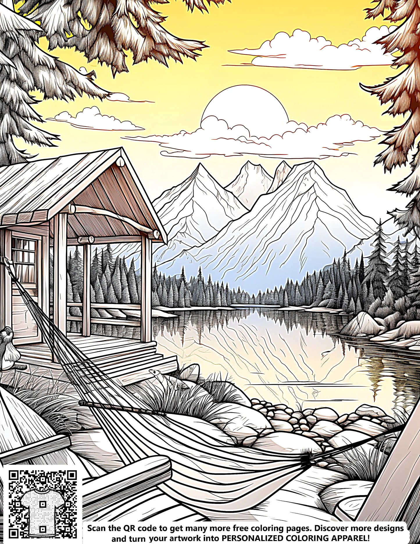 FREE Mountain Cabin Coloring Page - Serene Lake & Sunset Download