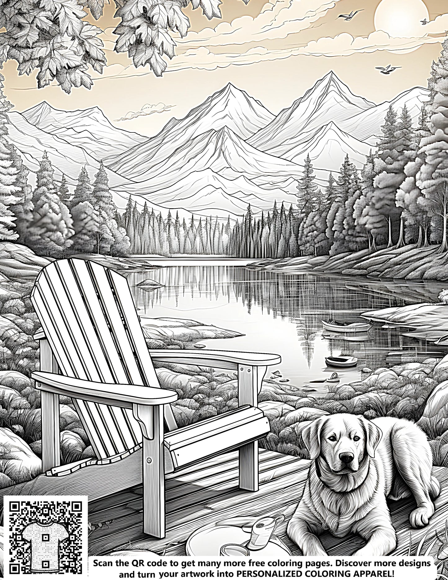 Coloring page of serene mountain lake scene with dog and wooden chair