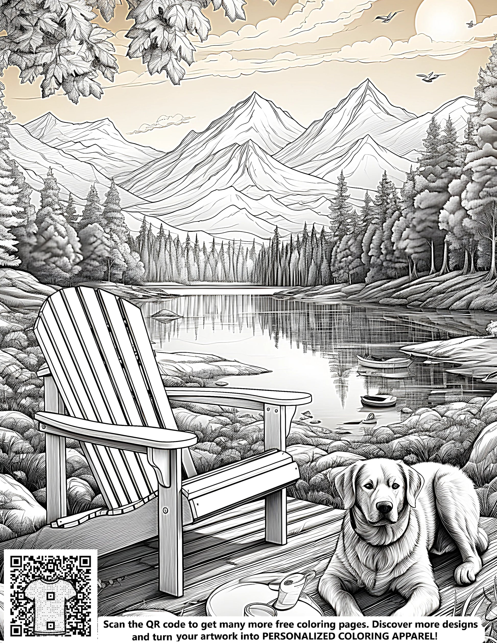 Coloring page of serene mountain lake scene with dog and wooden chair
