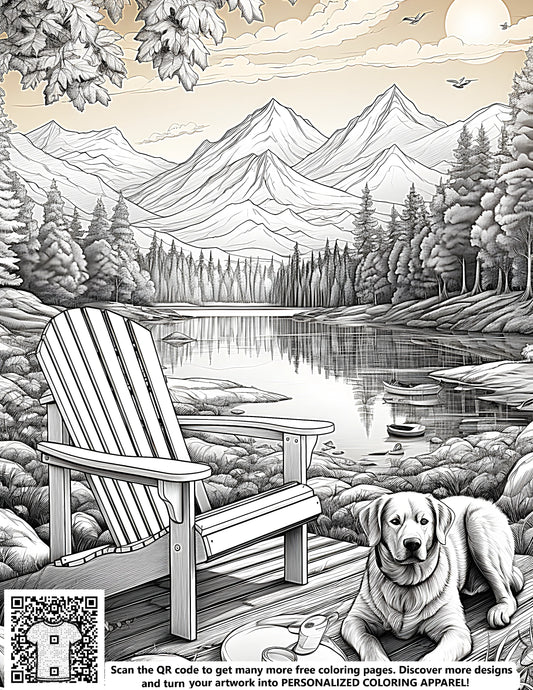 Coloring page of serene mountain lake scene with dog and wooden chair