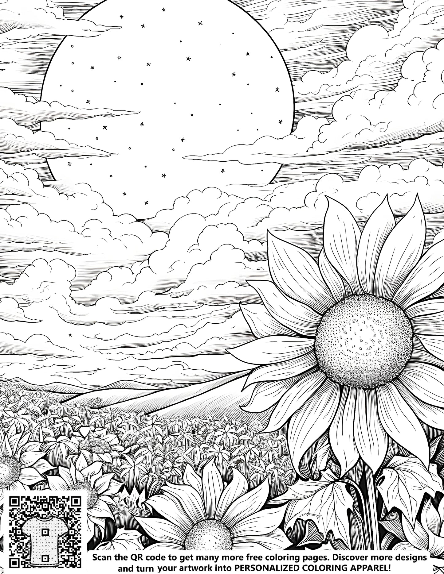 Free coloring page illustrations with beautiful yellow sunflower fields under a clear night sky with clouds and a full moon