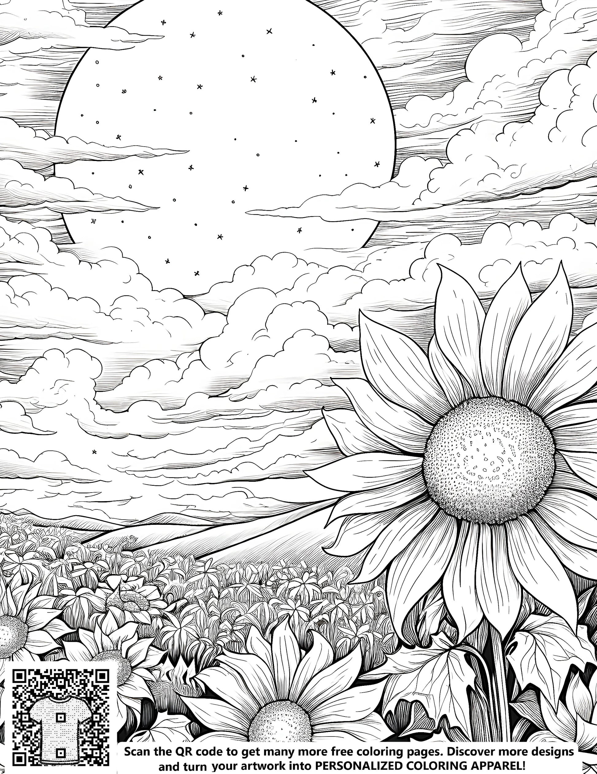 Free coloring page illustrations with beautiful yellow sunflower fields under a clear night sky with clouds and a full moon