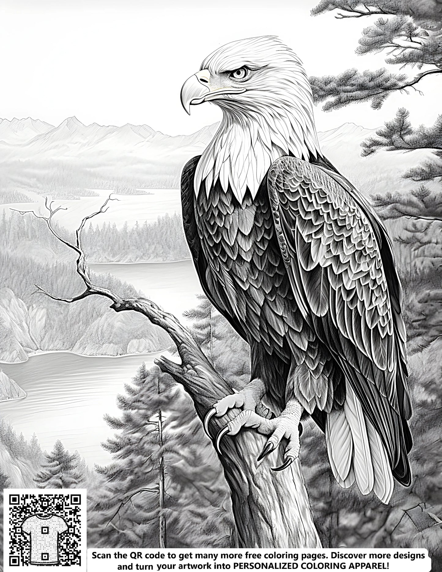 Eagle picture, Bird coloring book page, Detailed drawing of an eagle perched on a tree branch