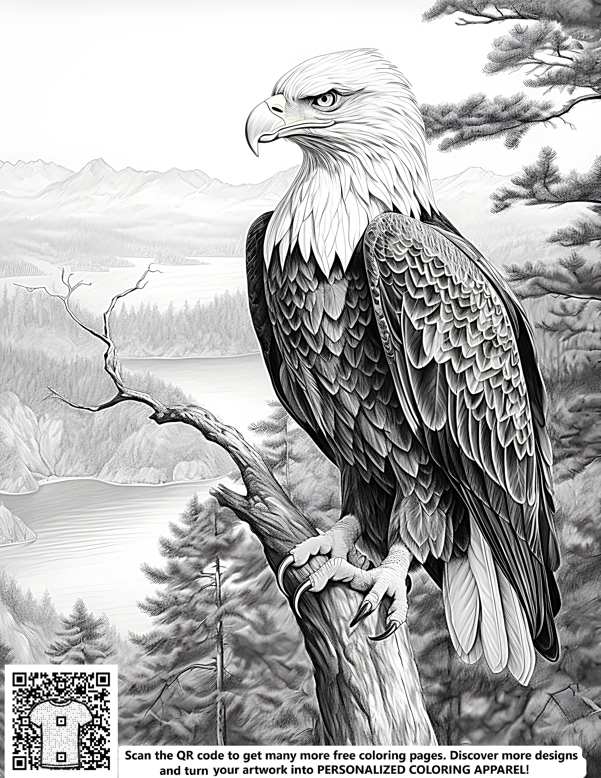 Eagle picture, Bird coloring book page, Detailed drawing of an eagle perched on a tree branch