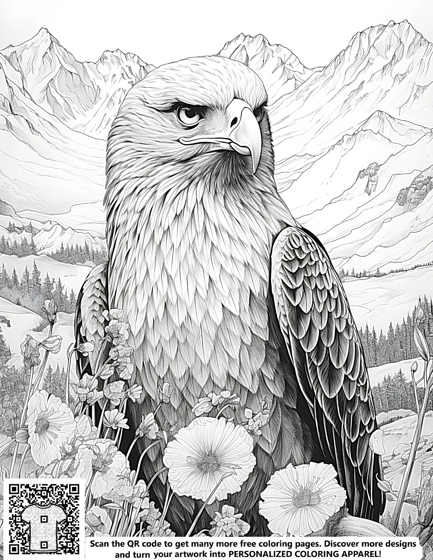 Intricate line drawing of an eagle among flowers with mountainous background