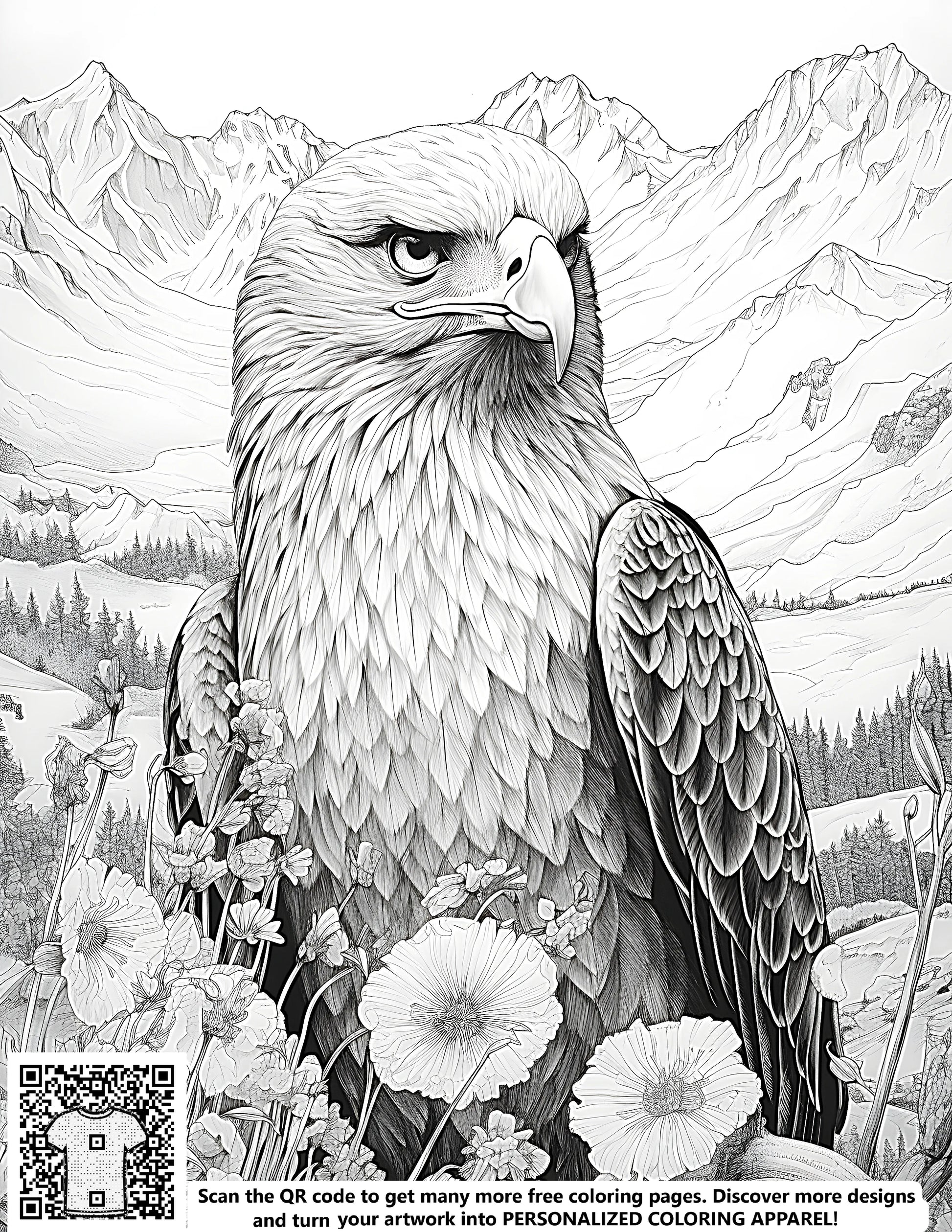 Intricate line drawing of an eagle among flowers with mountainous background