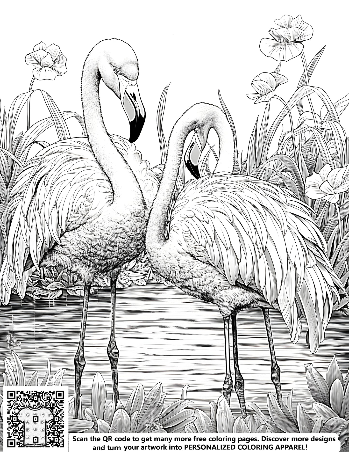 Two flamingos standing in a serene pond scene with detailed plants and flowers amidst an intricate black and white line drawing
