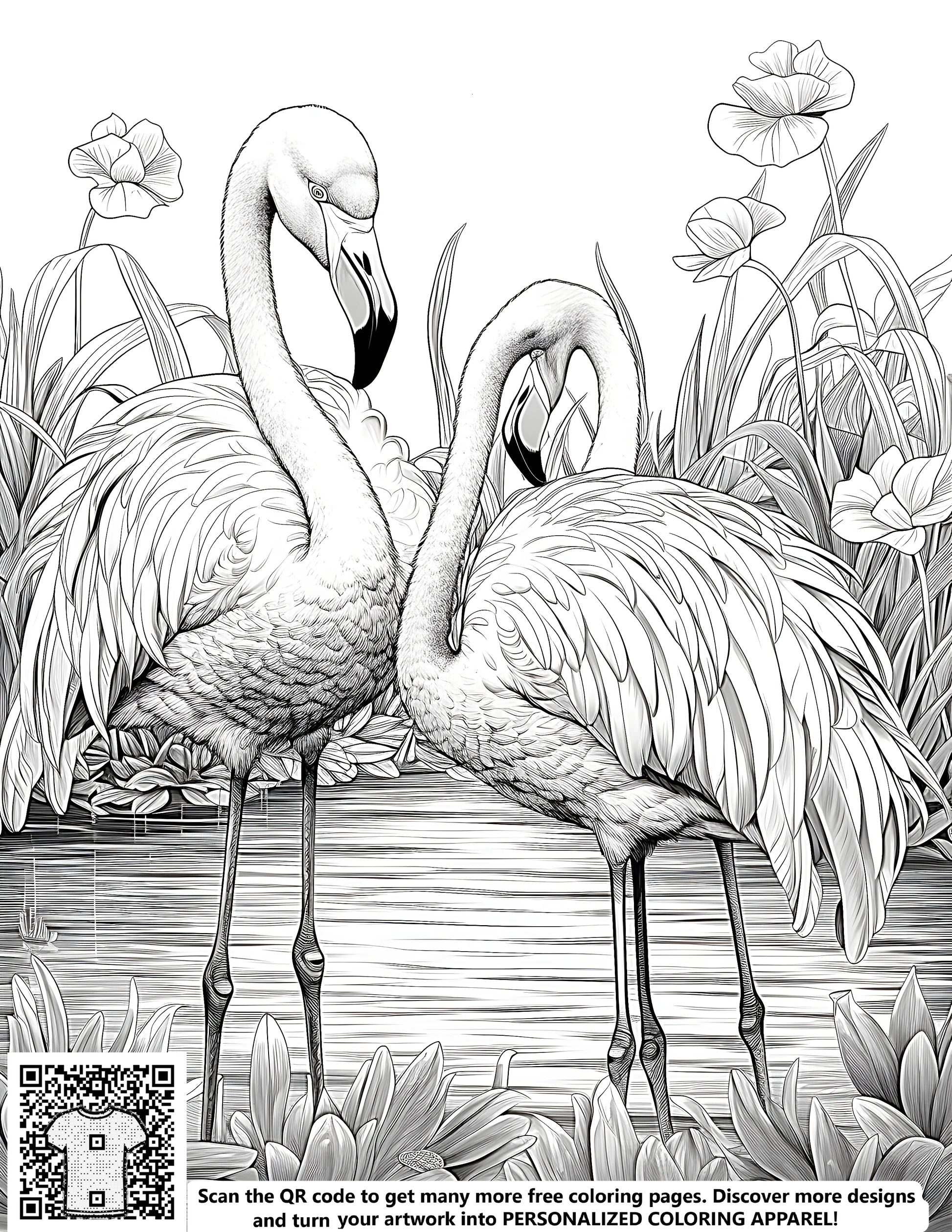 Two flamingos standing in a serene pond scene with detailed plants and flowers amidst an intricate black and white line drawing