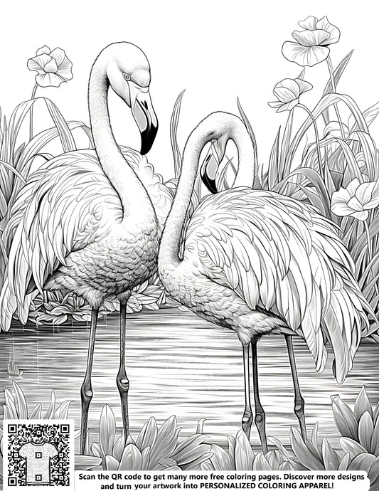 FREE Flamingo Coloring Page - Printable Detailed Line Drawing of Two Flamingos in a Pond