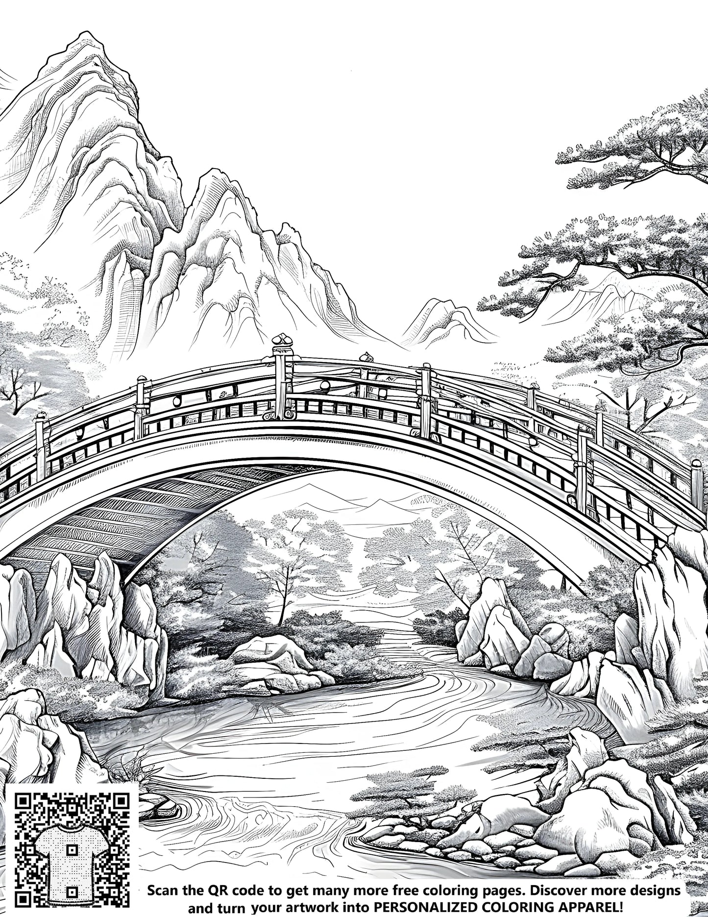 Detailed illustration of a serene mountain scene featuring a tranquil river, a rustic bridge, and lush green trees