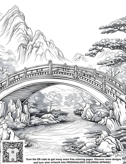 Detailed illustration of a serene mountain scene featuring a tranquil river, a rustic bridge, and lush green trees