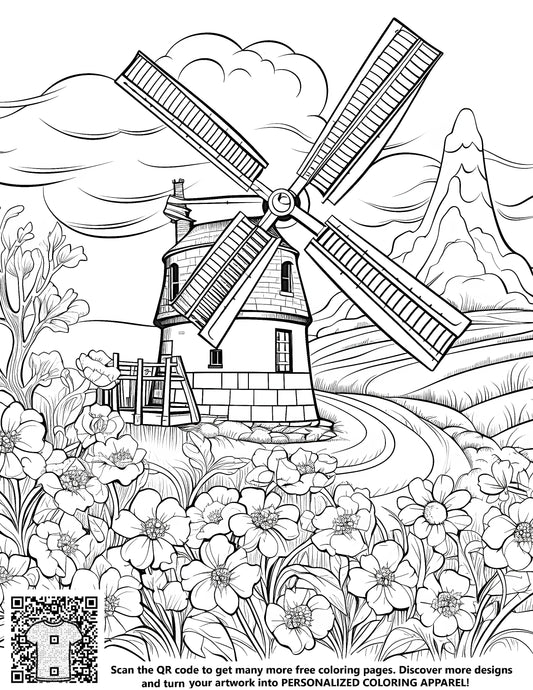 Coloring page featuring a windmill in a field of flowers with a mountain background