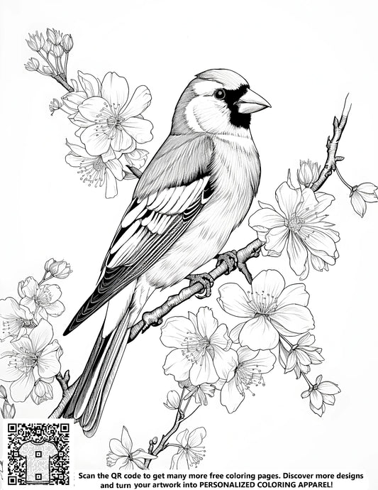 Coloring page kit with songbird illustration, bird figurine, and fabric markers