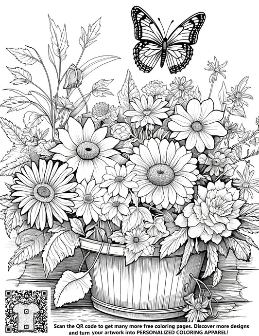 FREE Flower Bouquet Coloring Page with Butterfly - Printable Download