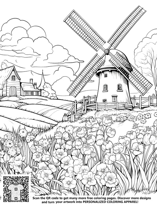 Free countryside landscape coloring page illustration with a serene windmill and cottage background, ideal for adult color therapy - Perfect gift for nature lovers
