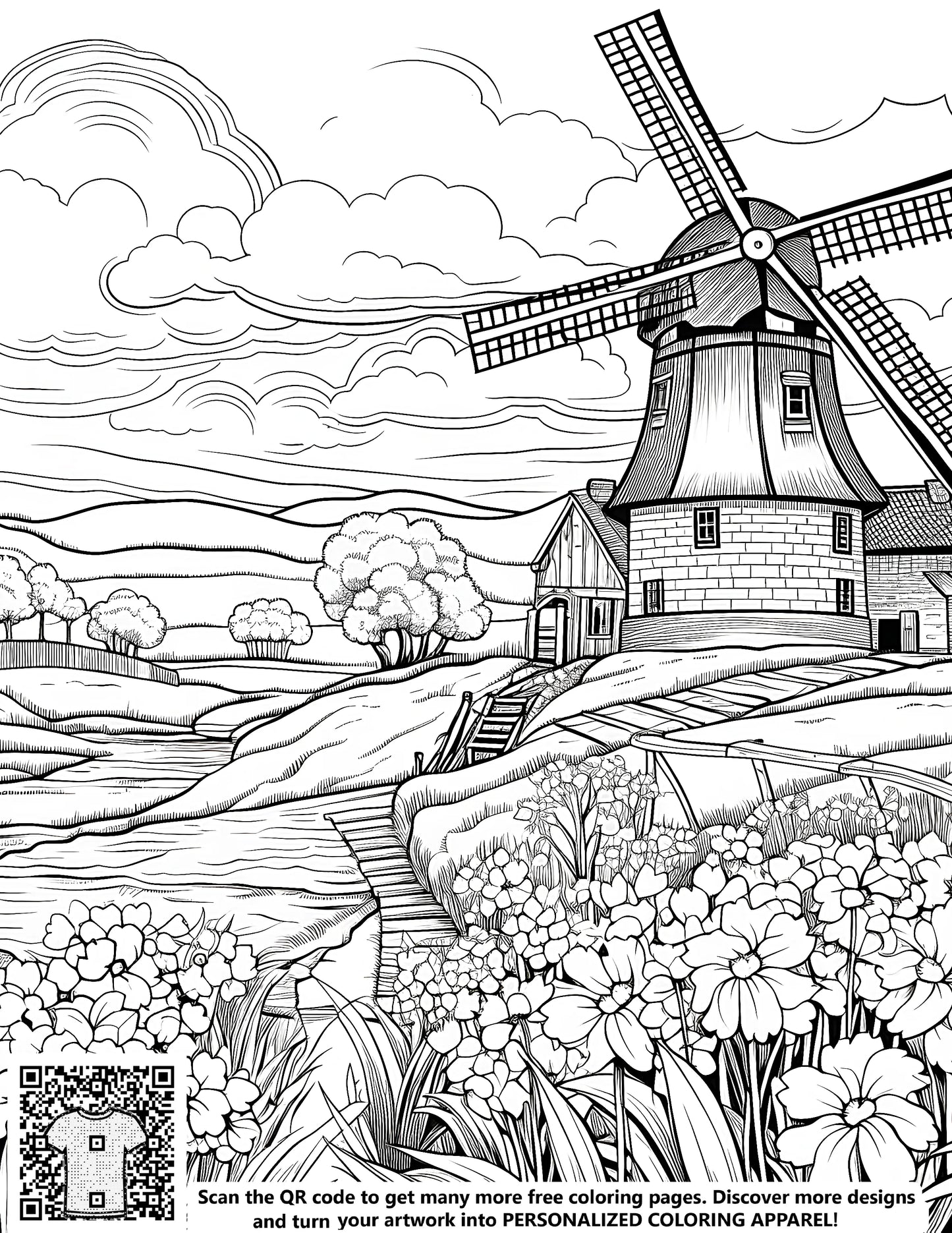 Detailed countryside landscape with windmill, flowers, trees, barn, and stream. Part of Free Coloring Page set.