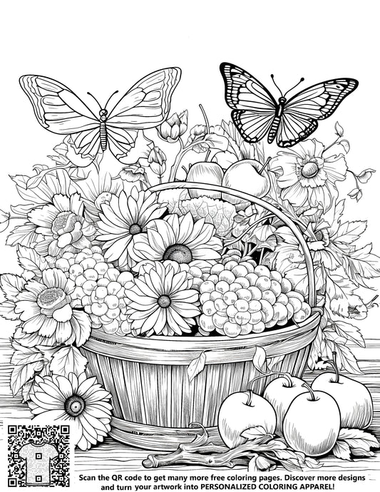 FREE Coloring Page - Basket with Daisies, Grapes, Apples, and Butterflies - Download NOW