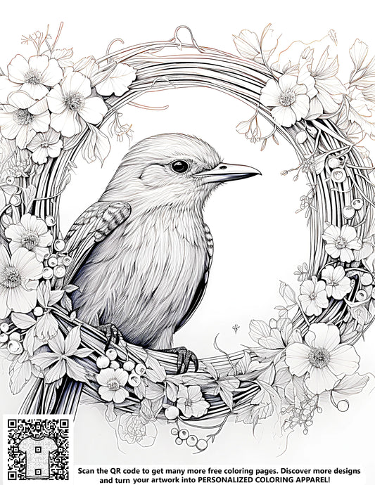 FREE Bird in Floral Wreath Coloring Page Printable Download