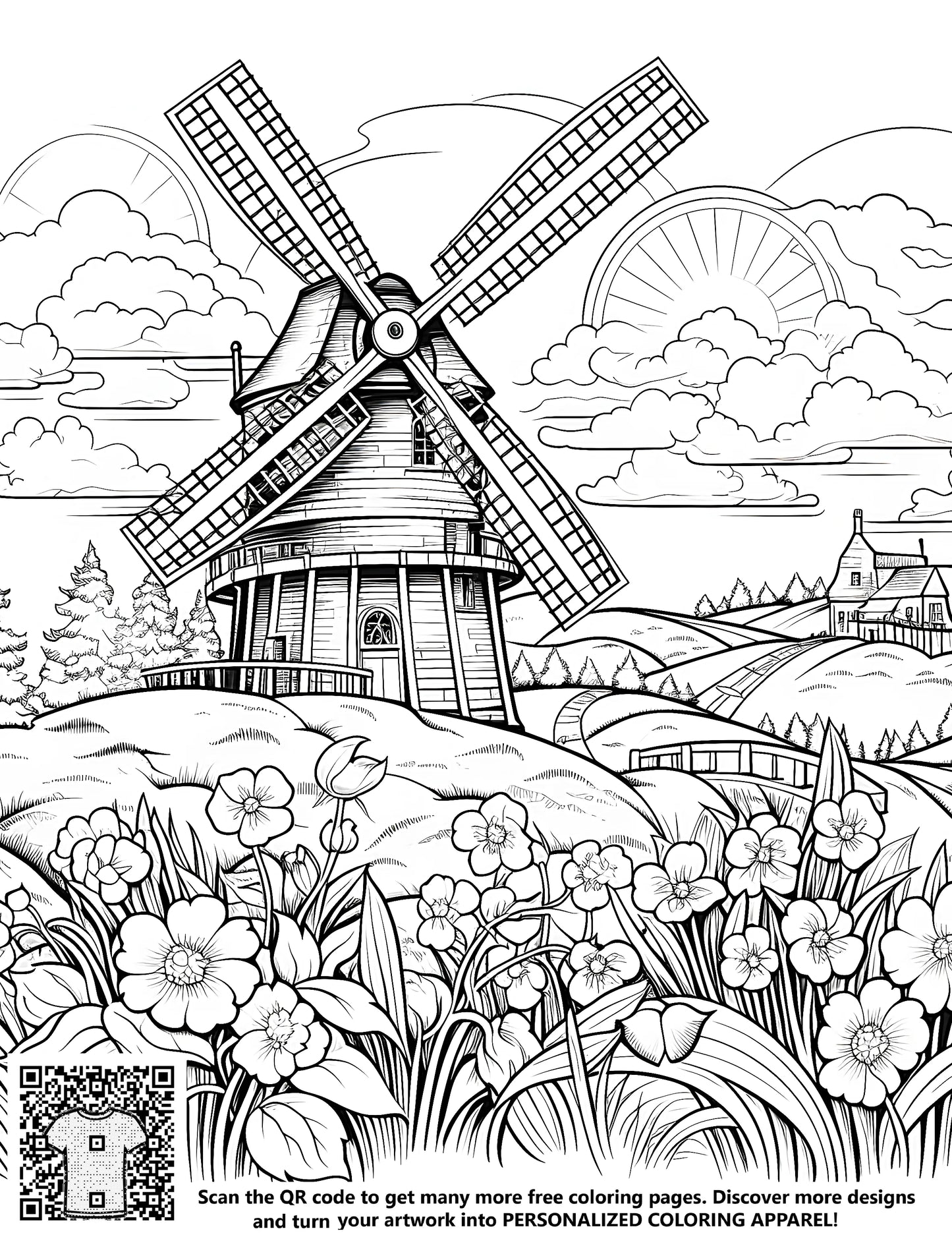 A detailed countryside scene coloring page featuring a windmill, blooming flowers, a house, and rolling hills under a cloudy sky. Perfect for a countryside themed adult coloring book or kids activity.