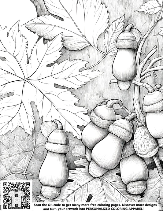 FREE Acorns and Leaves Coloring Page - Printable Nature Illustration