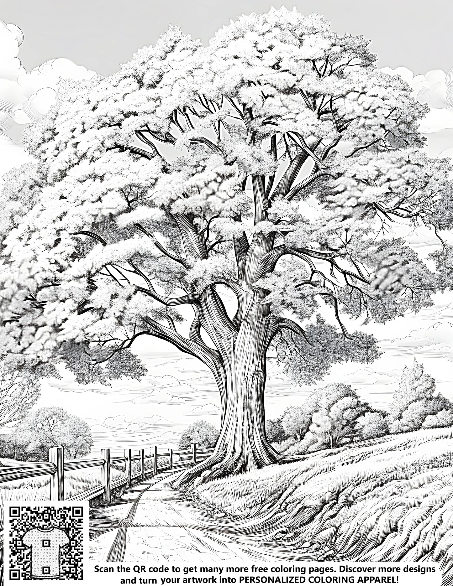 Free coloring page illustration of tree countryside landscape art