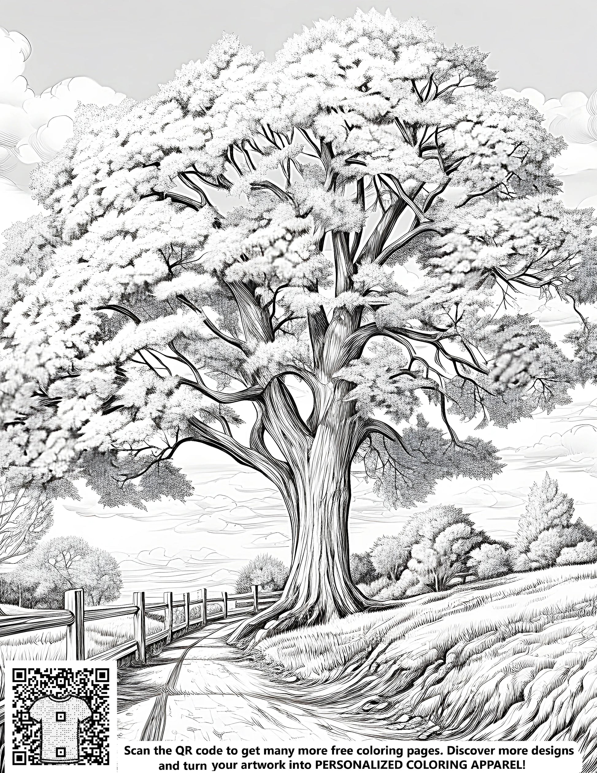 Free coloring page illustration of tree countryside landscape art