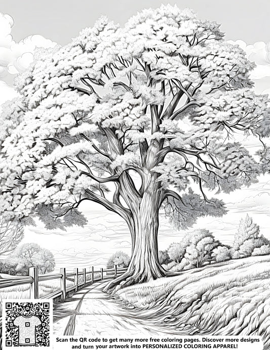 FREE Coloring Page - Detailed Black and White Tree by Countryside Path Printable Download