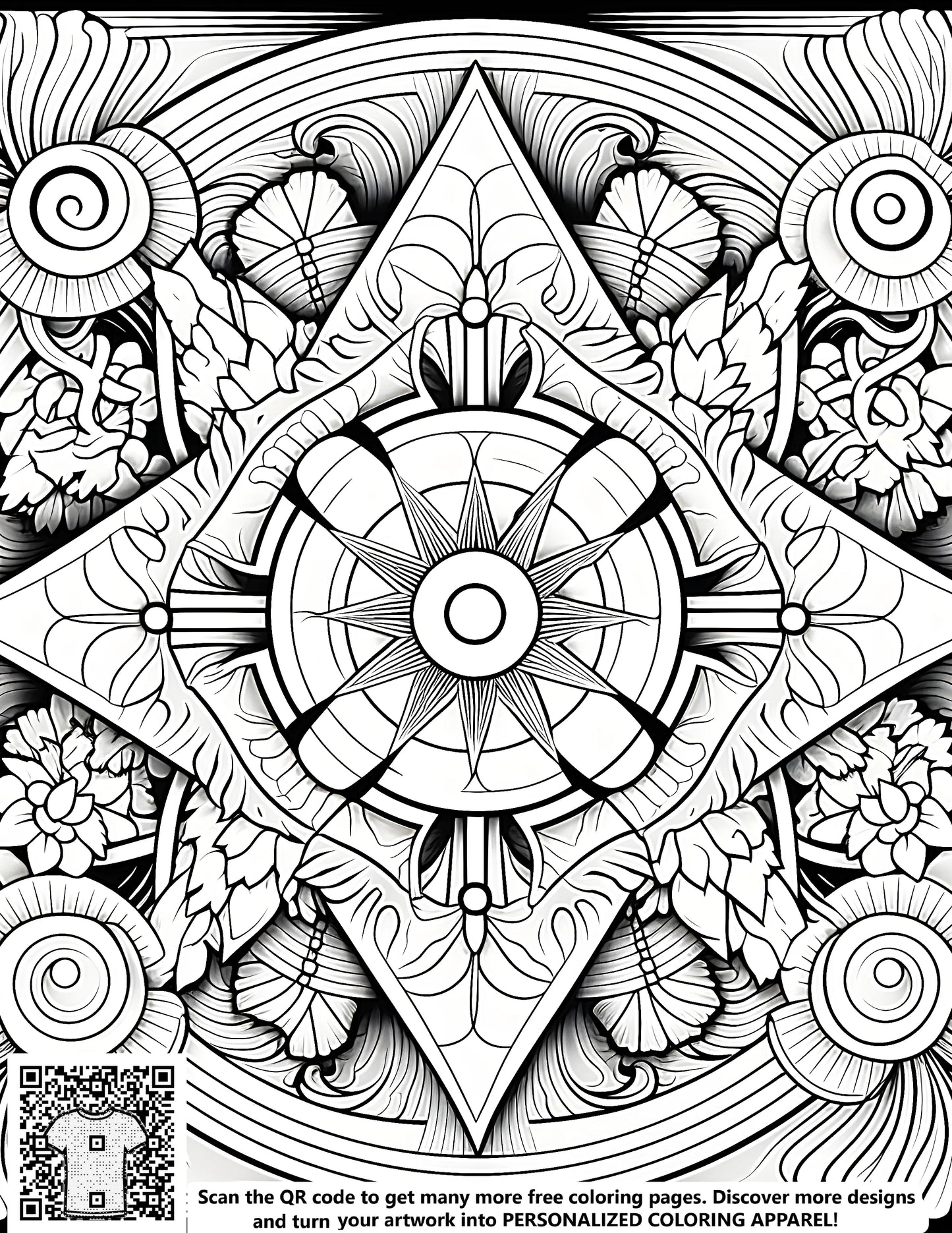 Free coloring page with intricate patterns for adults and kids. Detailed mandala design featuring floral and geometric shapes in black and white.
