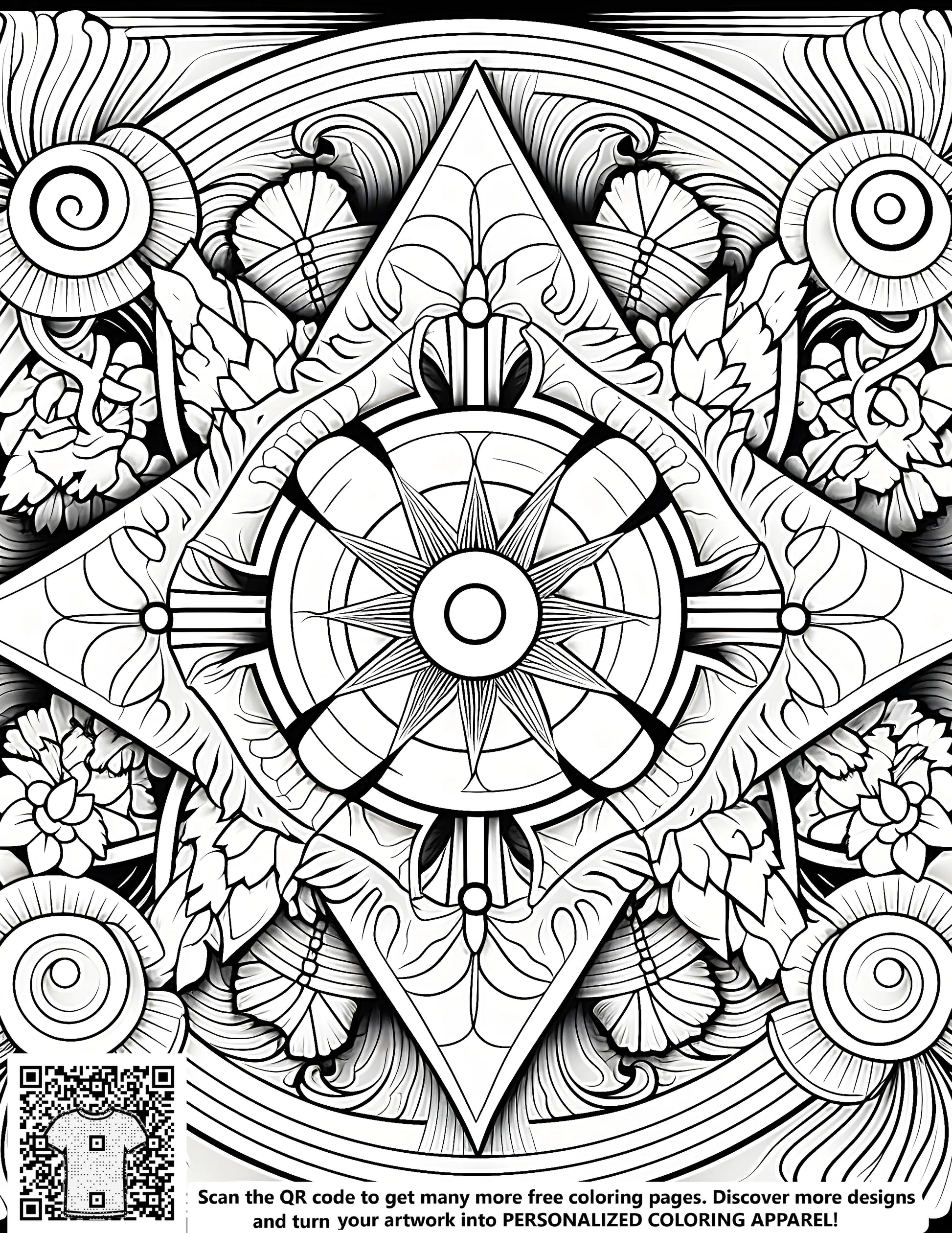Free coloring page with intricate patterns for adults and kids. Detailed mandala design featuring floral and geometric shapes in black and white.