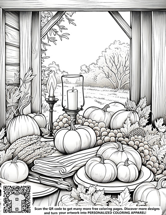 Rustic autumn decorations coloring page illustration
