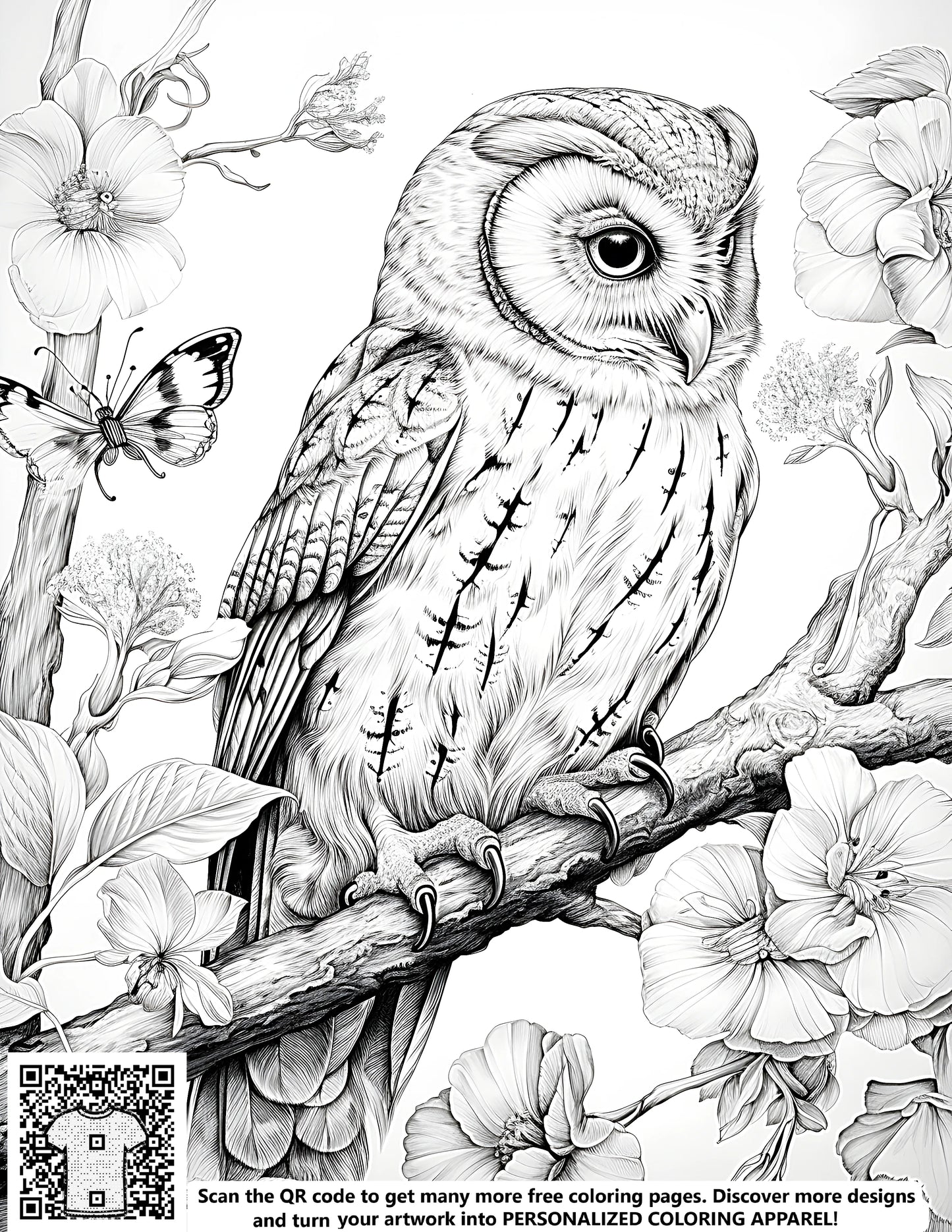 Free coloring page featuring a detailed black and white drawing of an owl perched on a branch surrounded by flowers and a butterfly. Perfect for adults and kids alike.