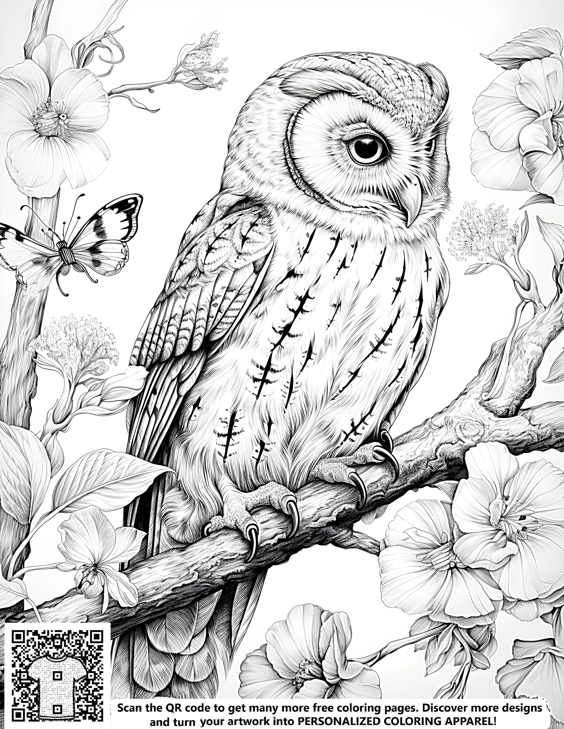 Free coloring page featuring a detailed black and white drawing of an owl perched on a branch surrounded by flowers and a butterfly. Perfect for adults and kids alike.