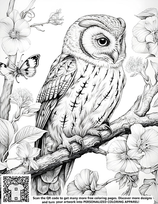 FREE Owl Coloring Page - Printable Detailed Drawing with Flowers and Butterfly