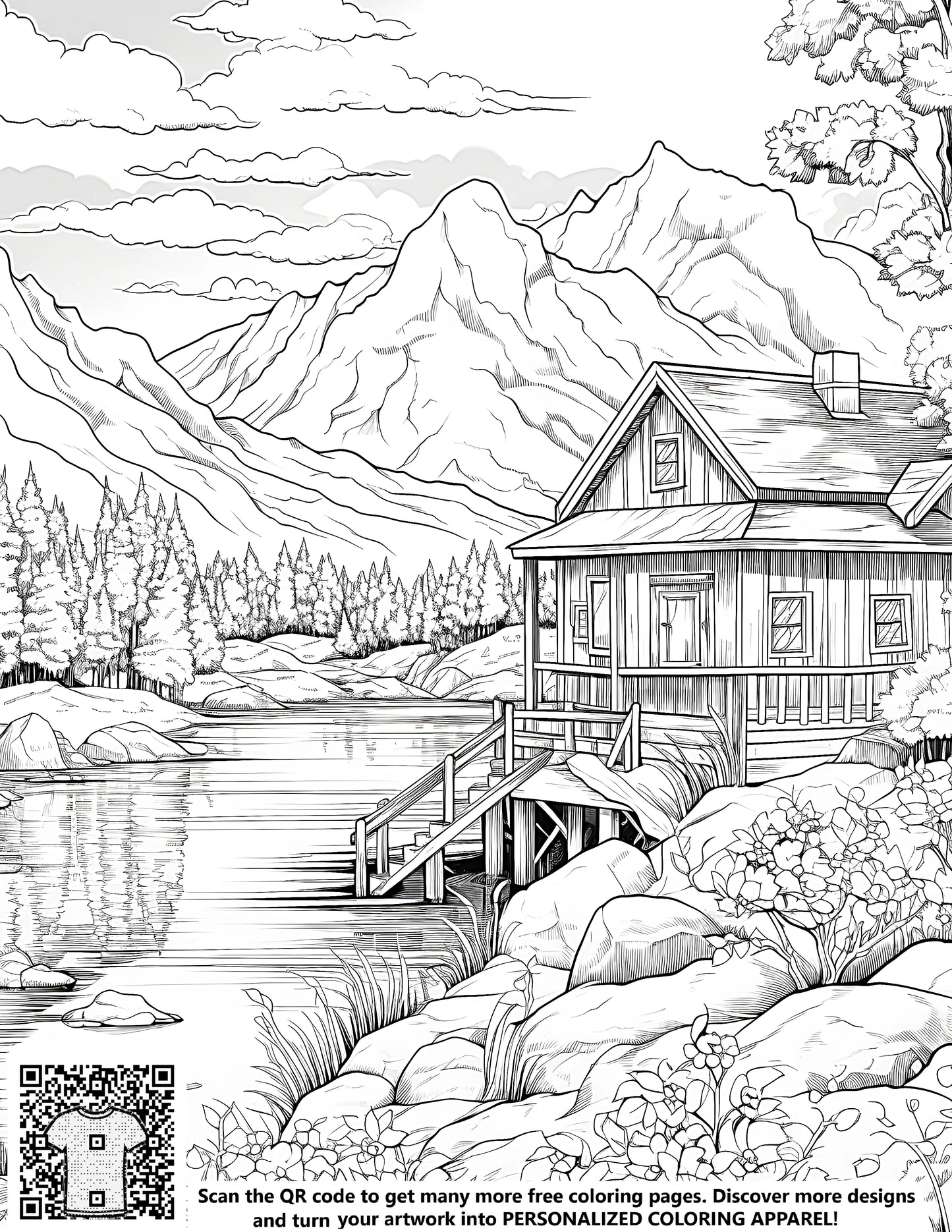 Detailed mountain lodge drawing by lake, cabin scenery art