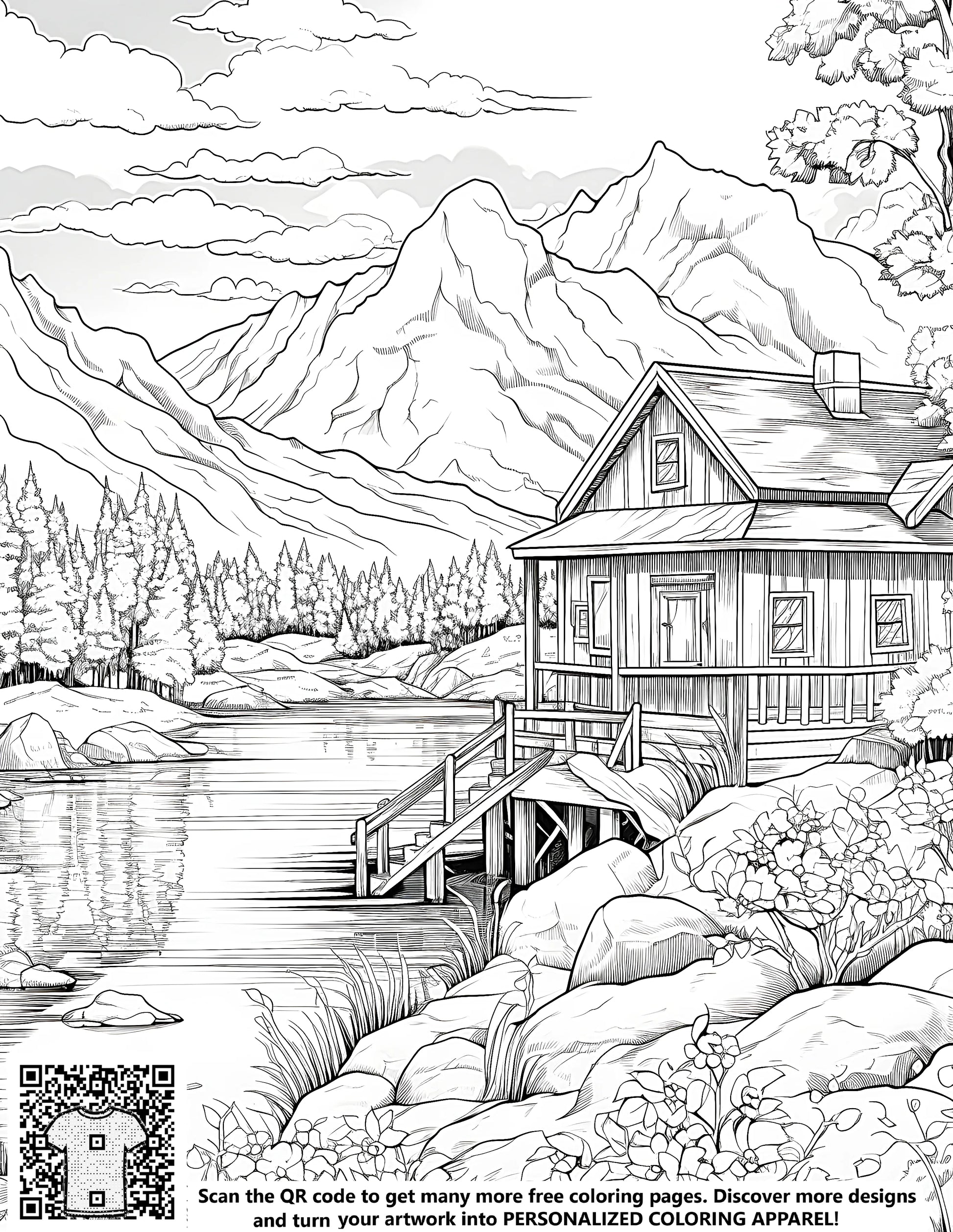 Detailed mountain lodge drawing by lake, cabin scenery art