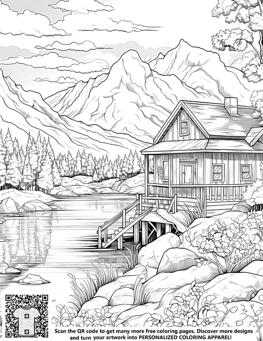 FREE Detailed Mountain Cabin Coloring Page - Printable Nature Scene with Lake, Trees, and Mountains