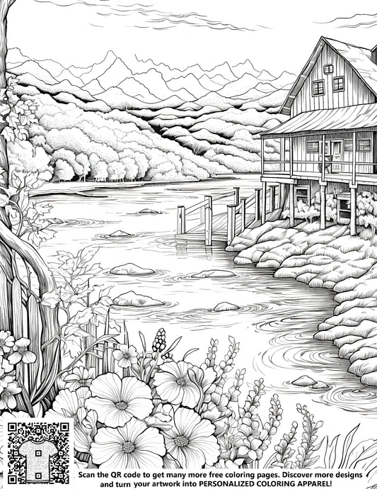 FREE Lakeside Cabin Coloring Page - Printable Detailed Illustration with Flowers, Mountains, and Trees