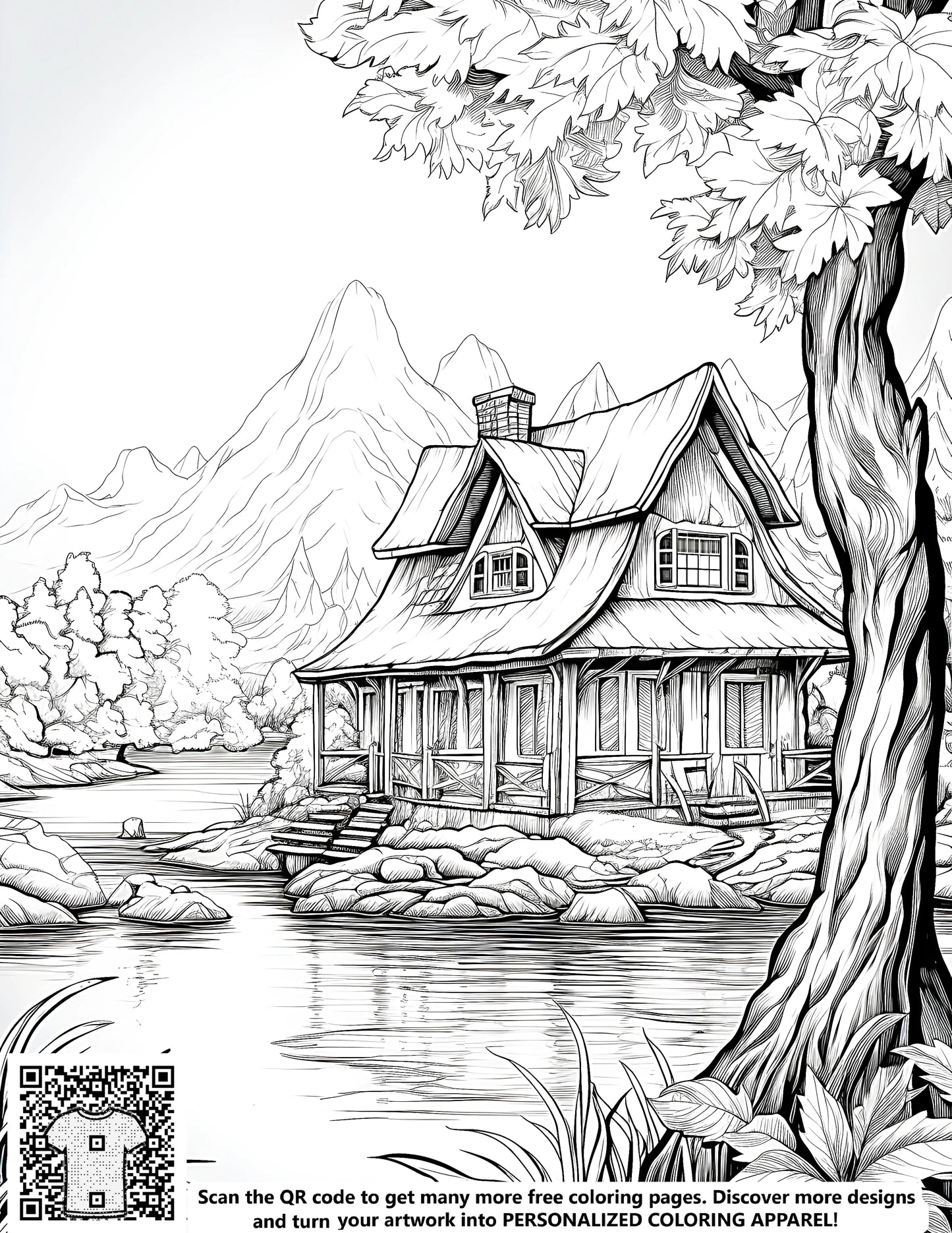 Free coloring page illustration of cabin by lake, serene lakeside scene
