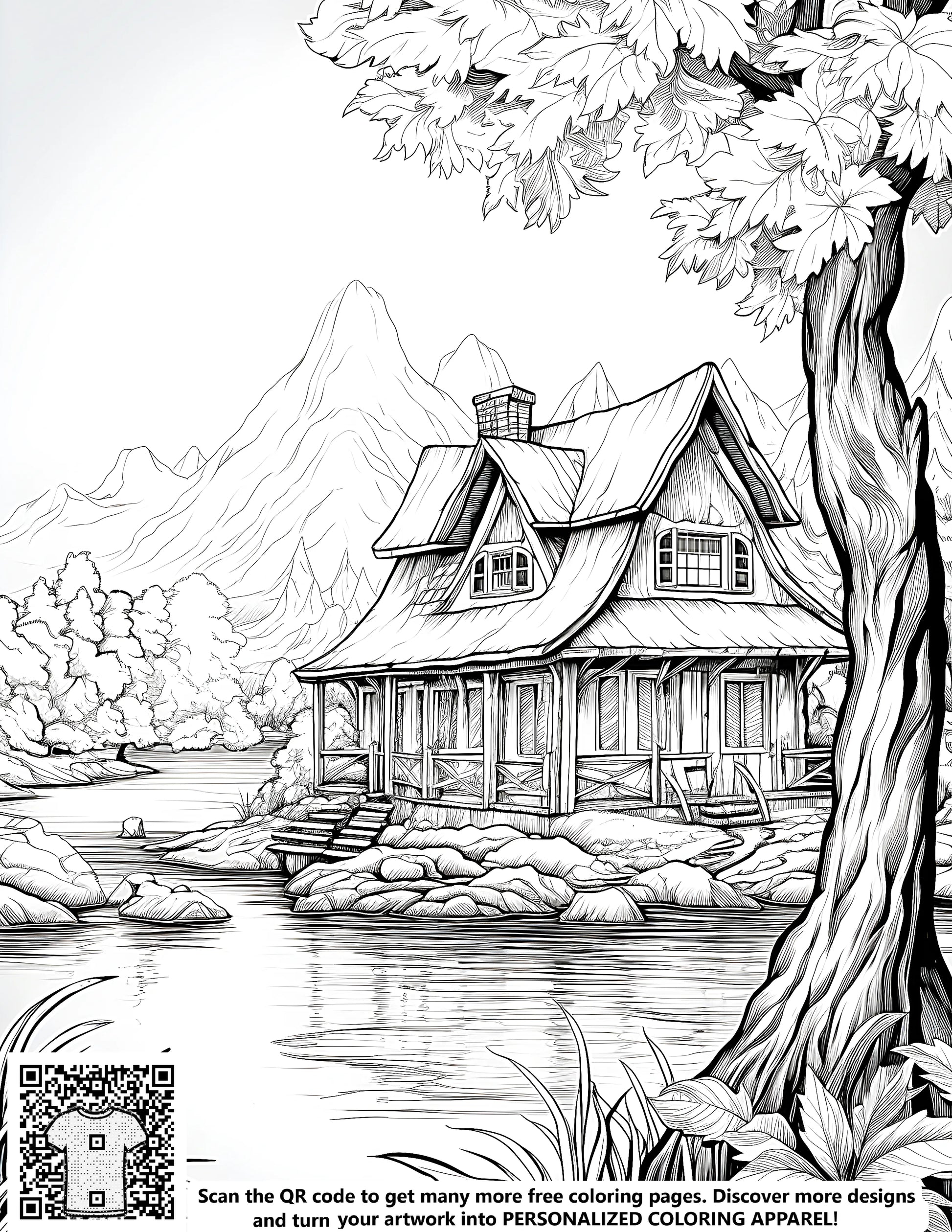 Free coloring page illustration of cabin by lake, serene lakeside scene