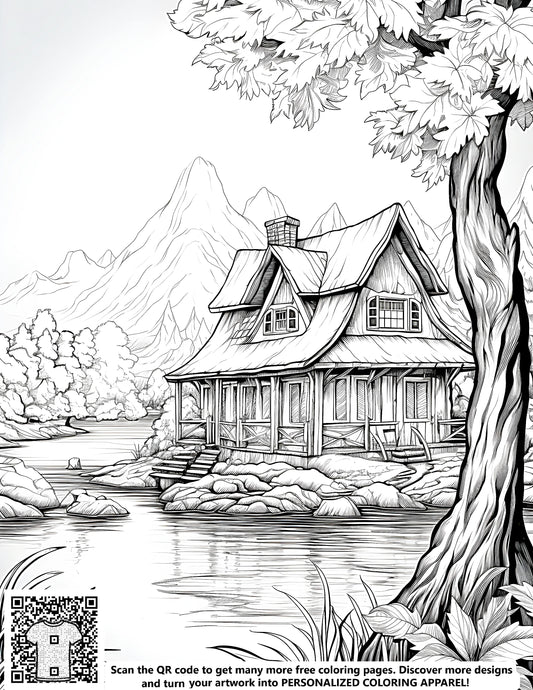 FREE Cabin by Serene Lake Coloring Page - Download NOW