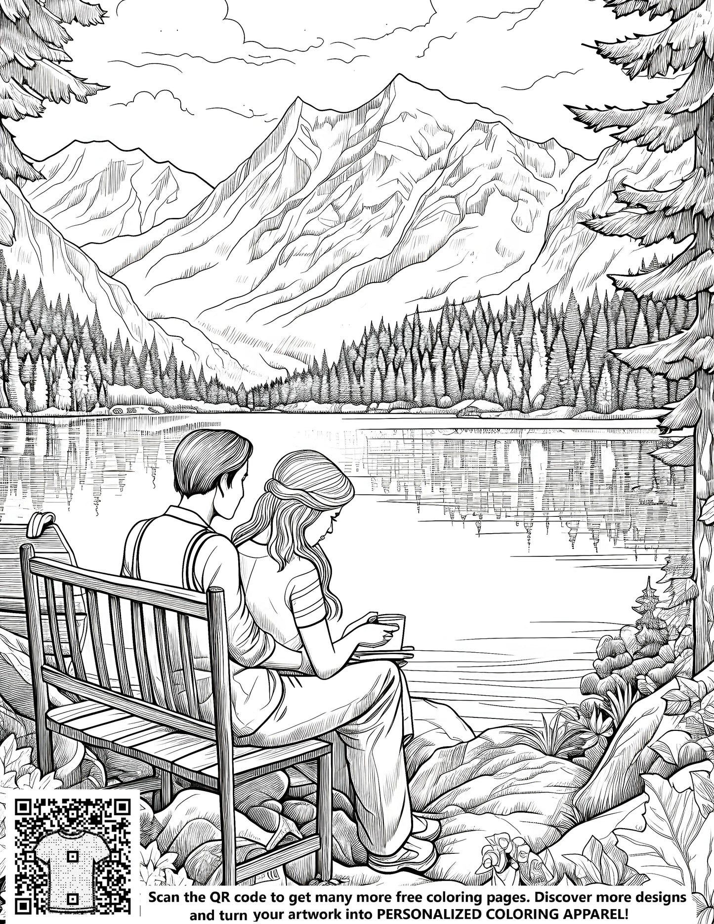 A beautiful and serene mountain landscape coloring page, featuring a couple sitting on a bench by a peaceful lake, surrounded by trees. Ideal for relaxation and creativity.