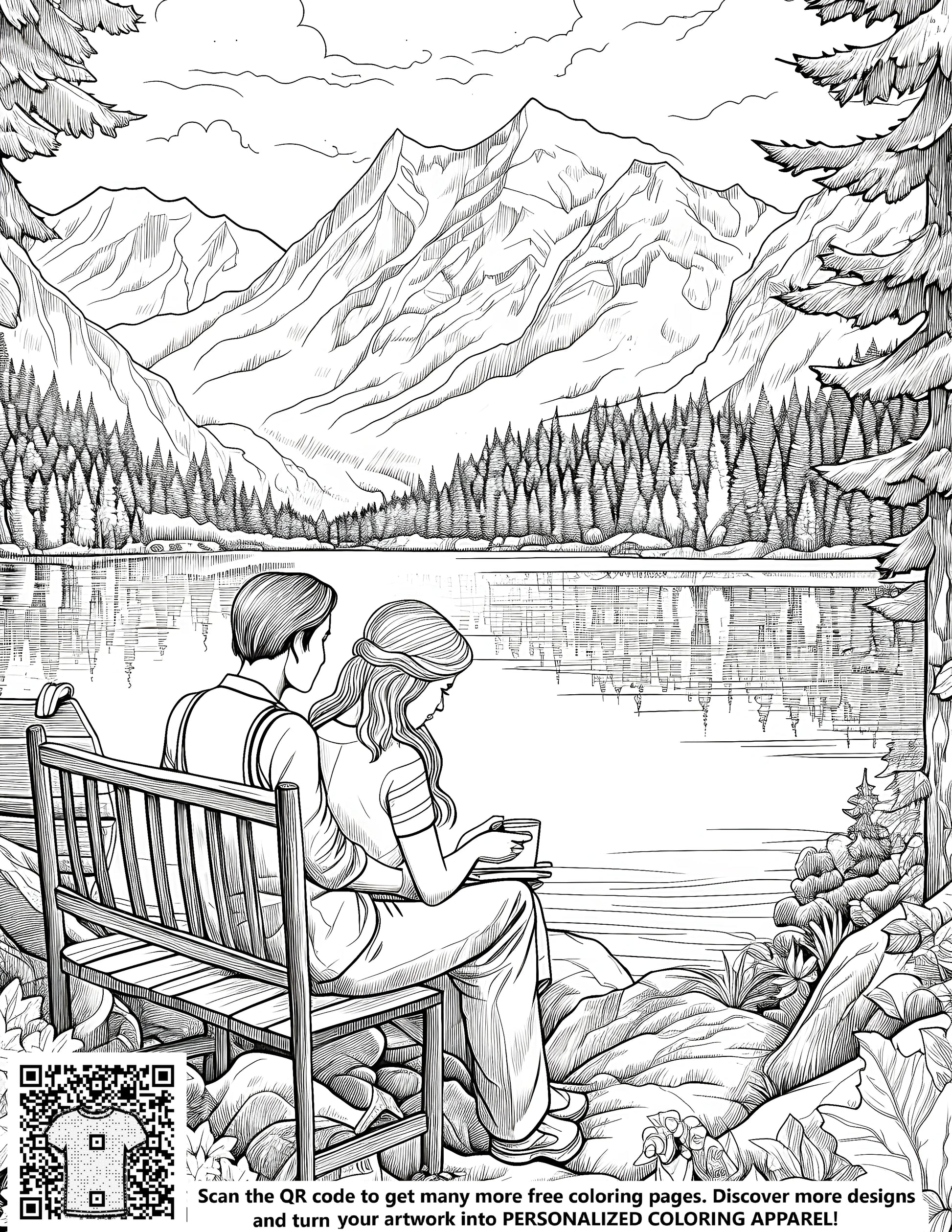 A beautiful and serene mountain landscape coloring page, featuring a couple sitting on a bench by a peaceful lake, surrounded by trees. Ideal for relaxation and creativity.