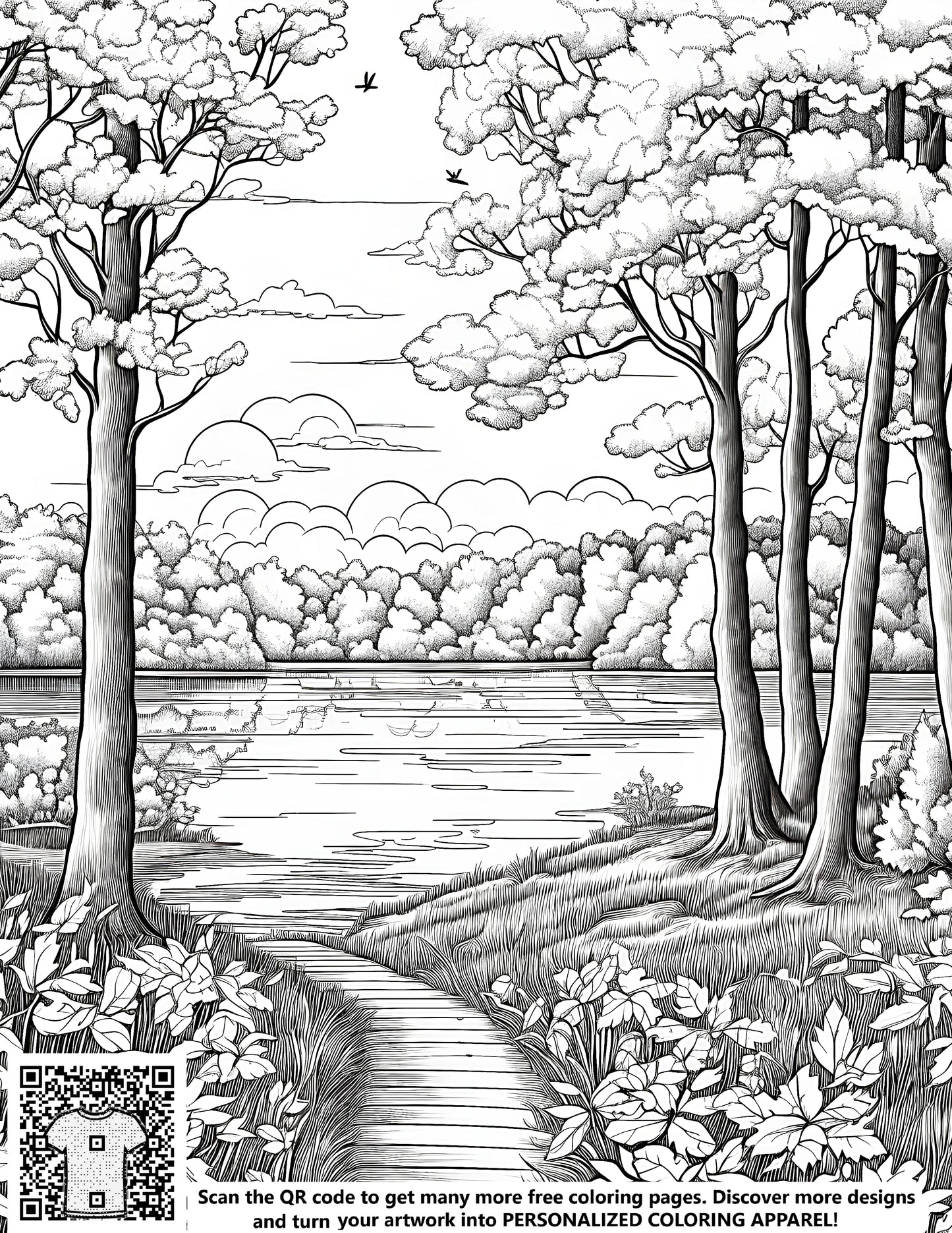 FREE Forest Path to Lake Coloring Page - Printable Scenic View Download