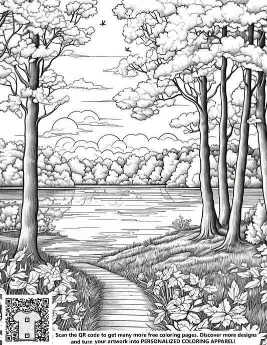 FREE Forest Path to Lake Coloring Page - Printable Scenic View Download